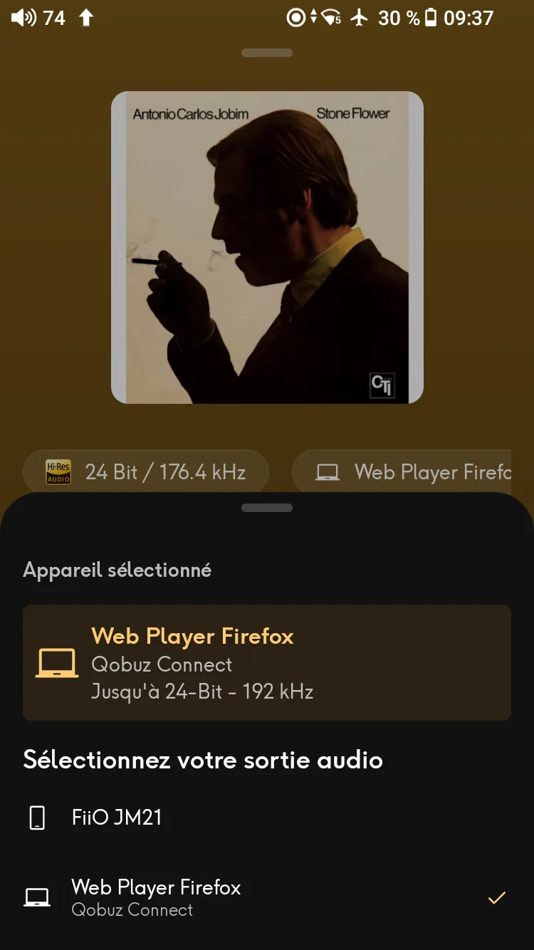 Sélecteur d'appareil Qobuz Connect affichant le FiiO JM21 et le lecteur web Firefox