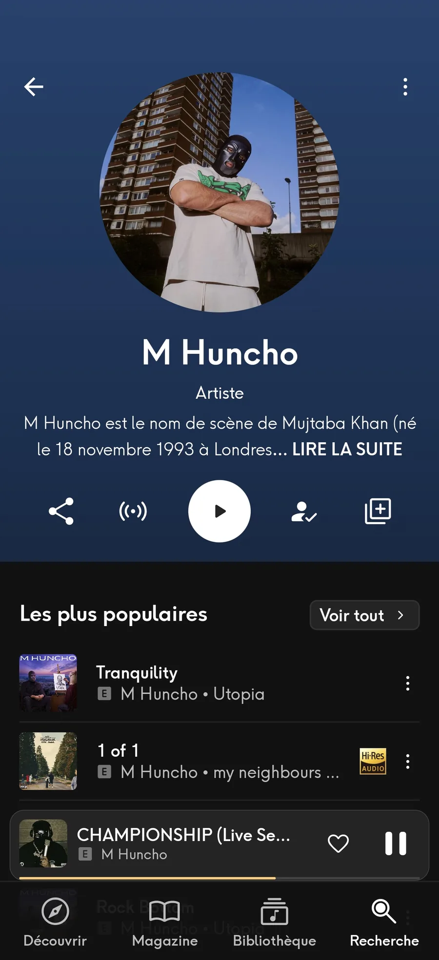 Page artiste de M Huncho dans l'application Qobuz sur Android, avec biographie et titres populaires