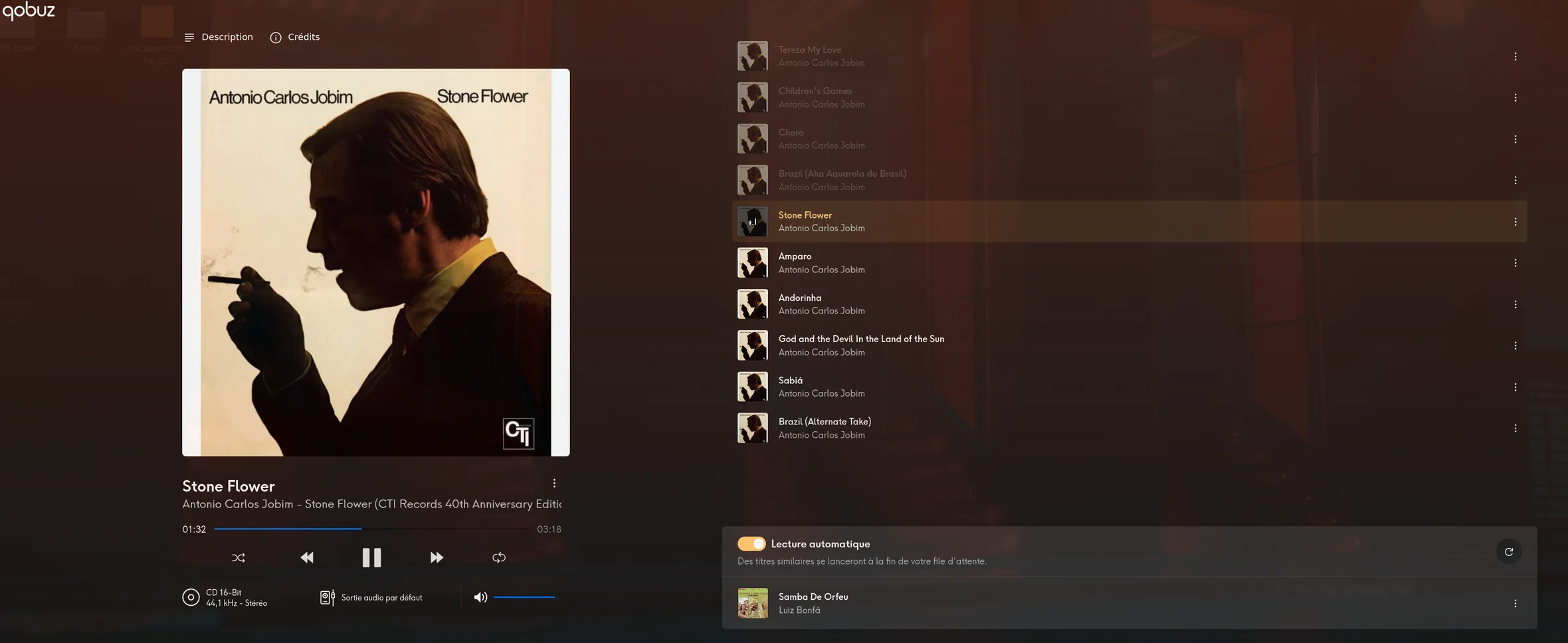 Lecteur web Qobuz sur navigateur desktop affichant l'album Stone Flower d'Antonio Carlos Jobim