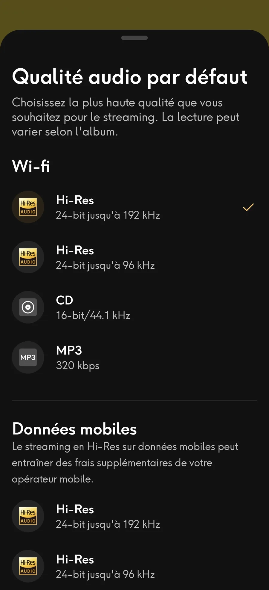 Écran de réglage de la qualité audio par défaut dans Qobuz, avec les options Hi-Res, CD et MP3