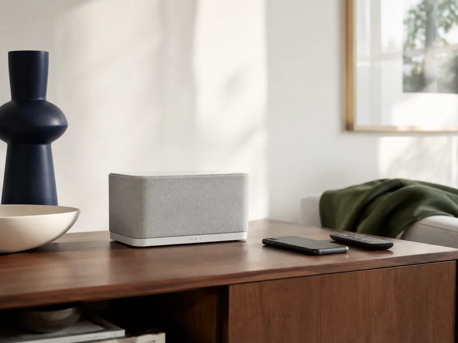Enceinte réseau, téléphone et télécommande dans un salon
