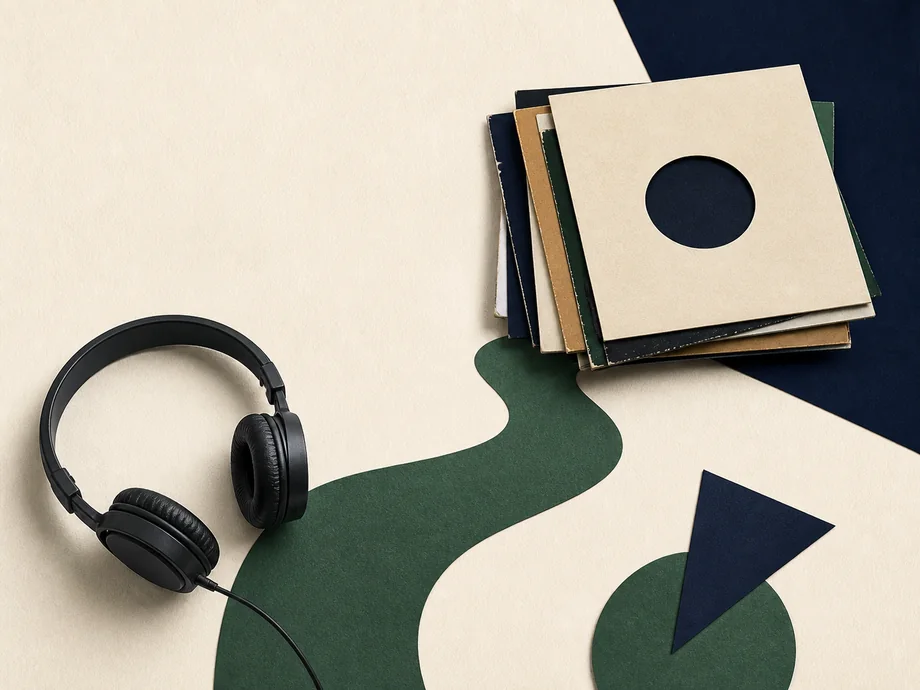 Casque et pochettes de disques dans une composition éditoriale