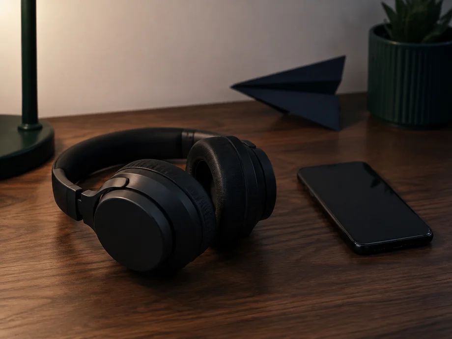 Casque audio et téléphone posés sur un bureau en bois